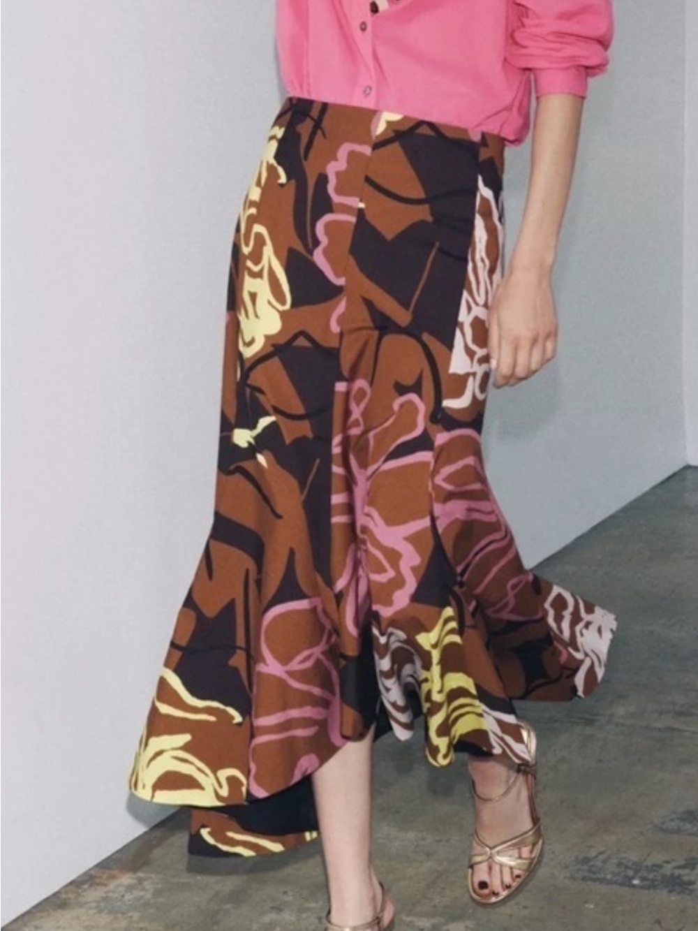 Zara Floral Print Flared Midi Skirt - Brown/Pink medium NWT